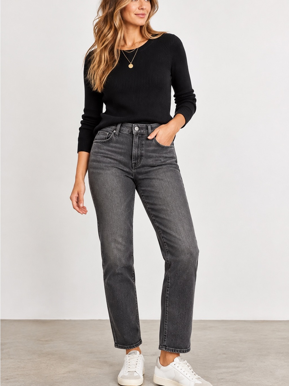Good American Good Legs Straight Jeans Size 12/31 Black Gray Mid Rise Stretch